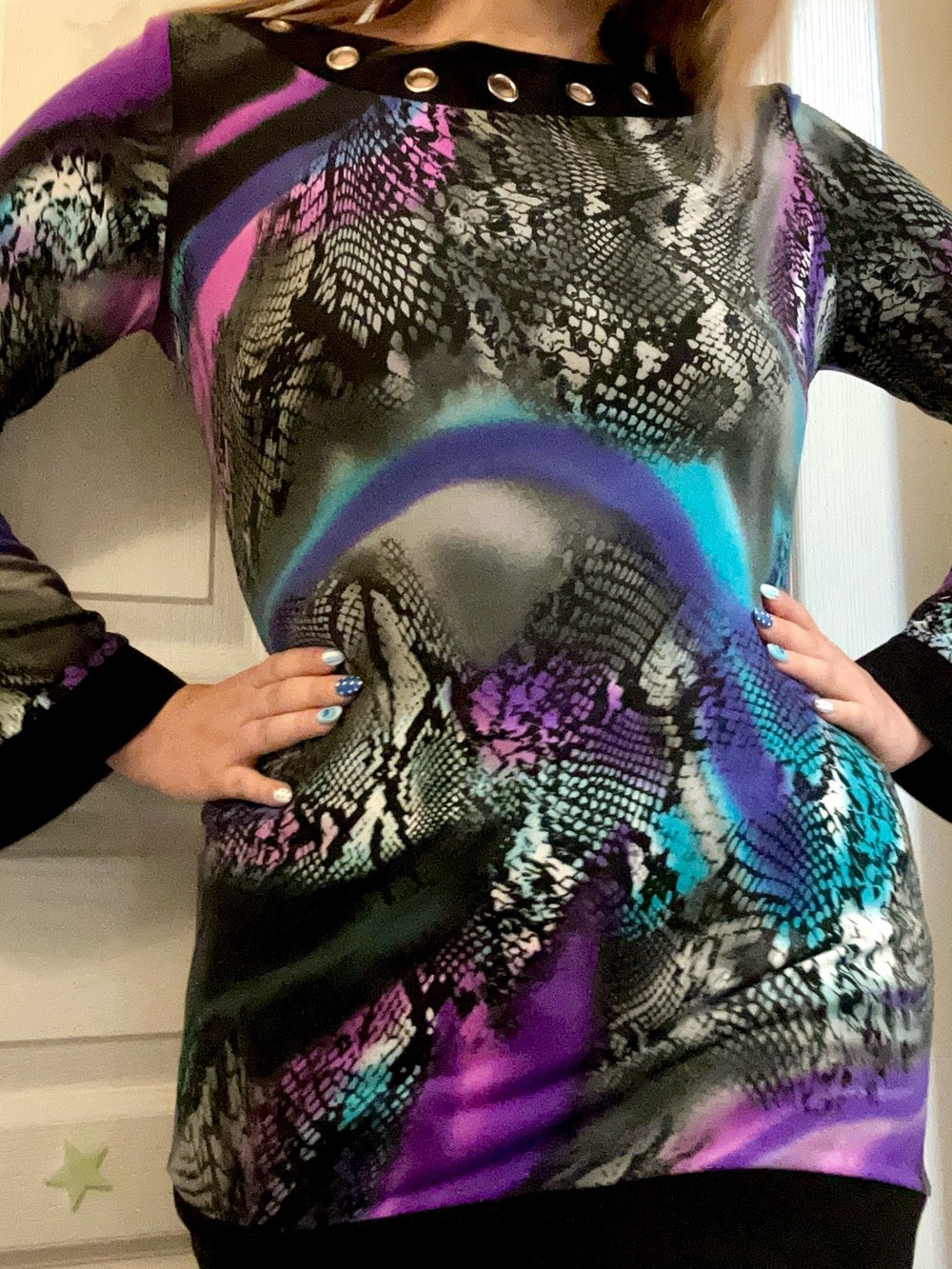 Joseph Ribkoff Grommet collar tunic bell sleeve snake print colorful long top